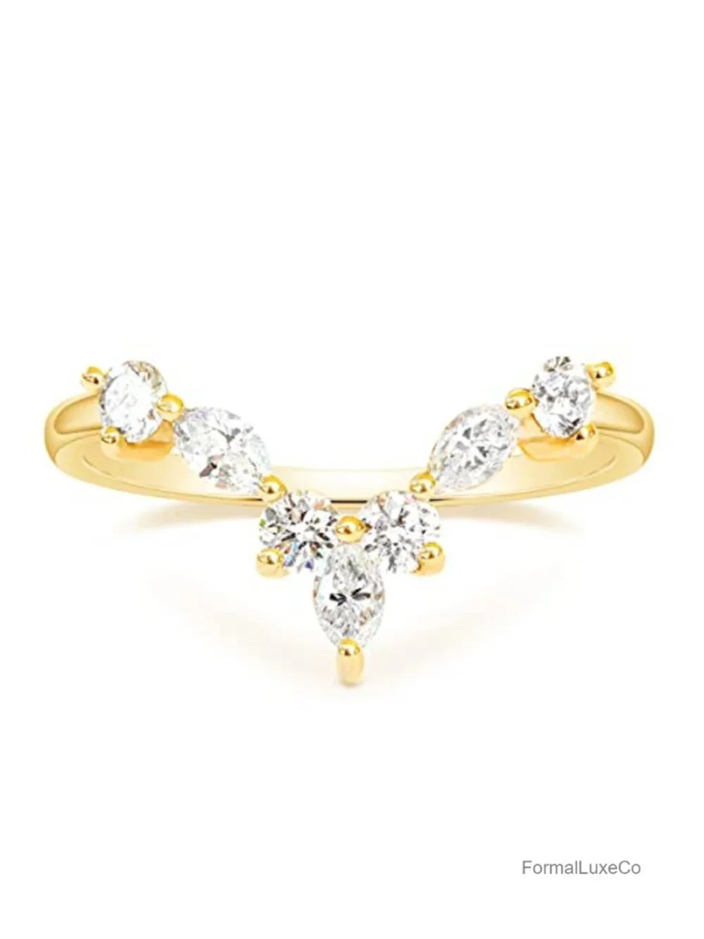 14K Gold Plated CZ Curved V Shaped Stacking Ring